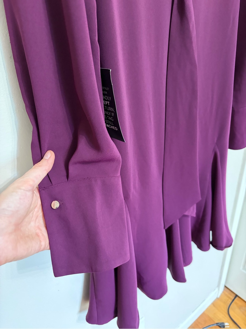 NEW WHBM Long Sleeve Tie Neck Godet Mini Dress in Rich Plum Purple - Size 12 - Picture 8 of 10